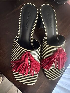 Bernardo Black and Cream Striped Slide Mules with Red Tassels
